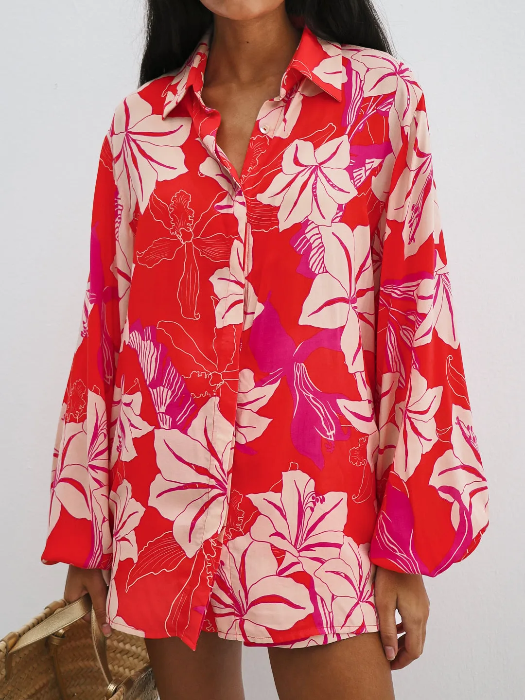 Mindy Floral Volume Sleeve Shirt | White & Red