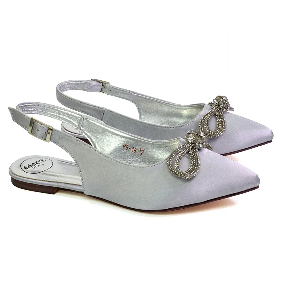 Ossie Slingback Diamante Bow Pointed Toe Ballerina Pump Shoes in Silver