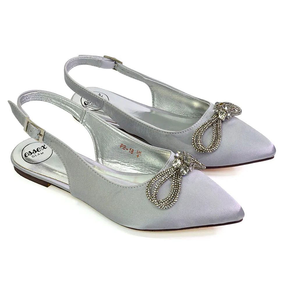 Ossie Slingback Diamante Bow Pointed Toe Ballerina Pump Shoes in Silver