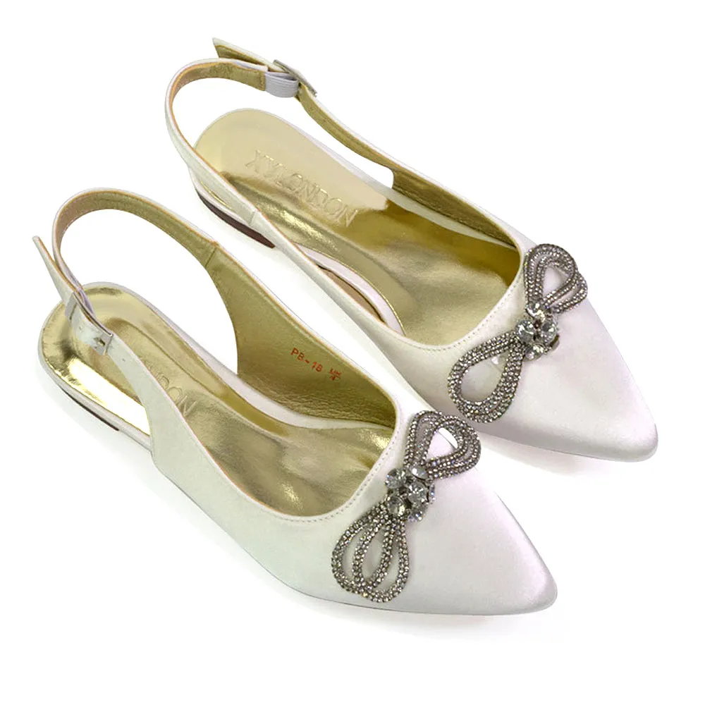 Ossie Slingback Diamante Bow Pointed Toe Ballerina Pump Shoes in Silver