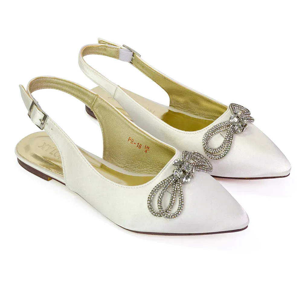 Ossie Slingback Diamante Bow Pointed Toe Ballerina Pump Shoes in Silver