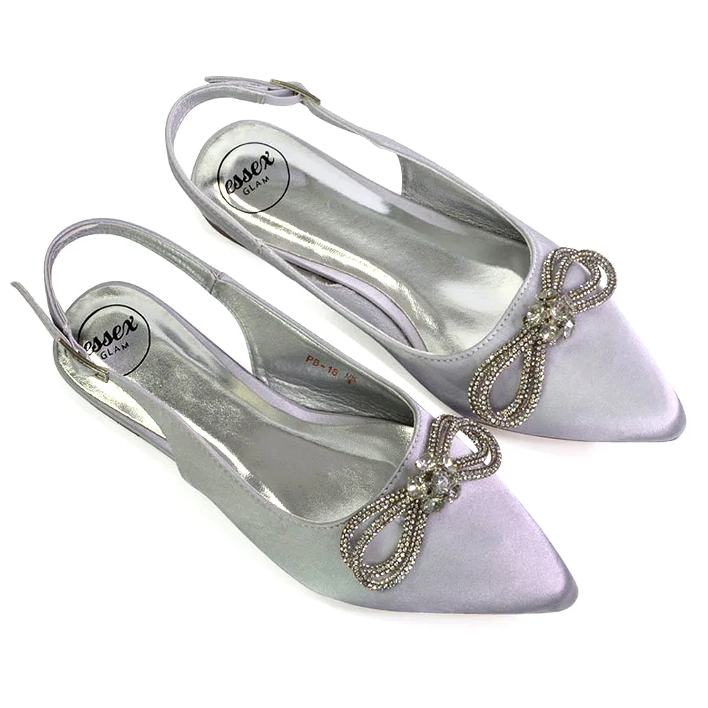 Ossie Slingback Diamante Bow Pointed Toe Ballerina Pump Shoes in Silver