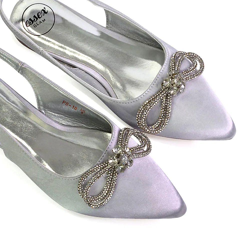 Ossie Slingback Diamante Bow Pointed Toe Ballerina Pump Shoes in Silver