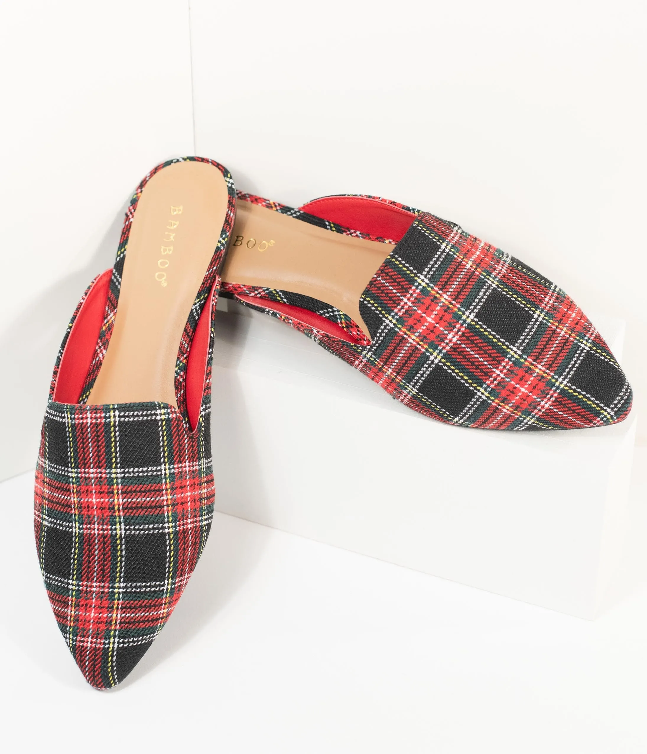 Red & Black Plaid Fabric Mules