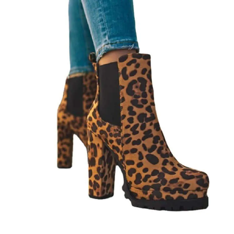 Round-toe Ankle Boots Solid Leopard Print Thick Square High Heel Shoes