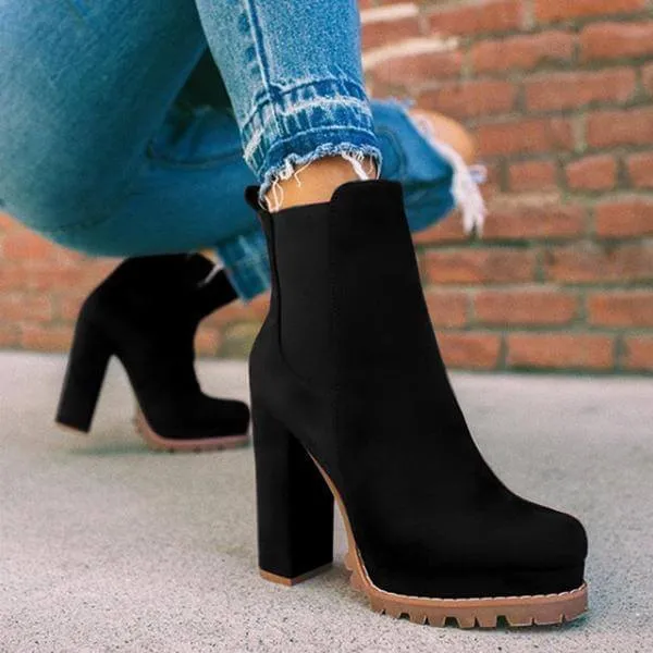 Round-toe Ankle Boots Solid Leopard Print Thick Square High Heel Shoes