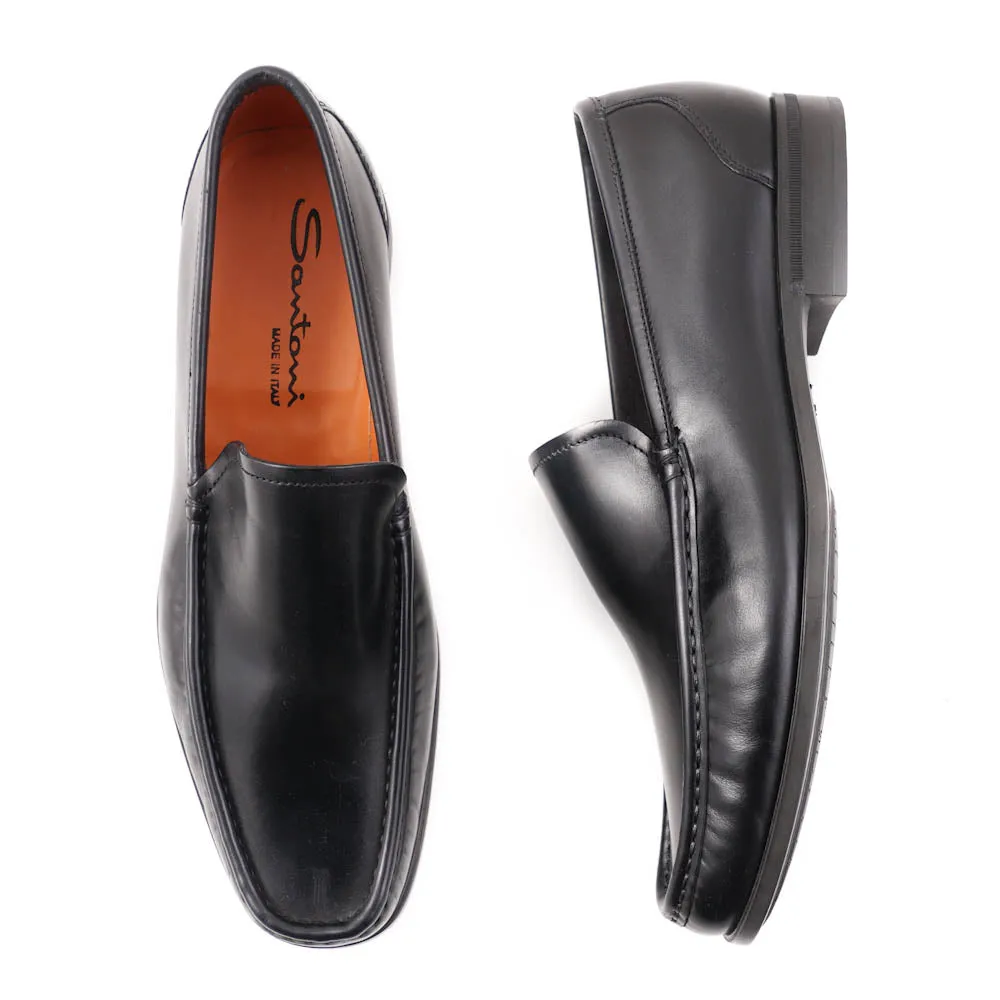 Santoni Black Leather Venetian Loafers