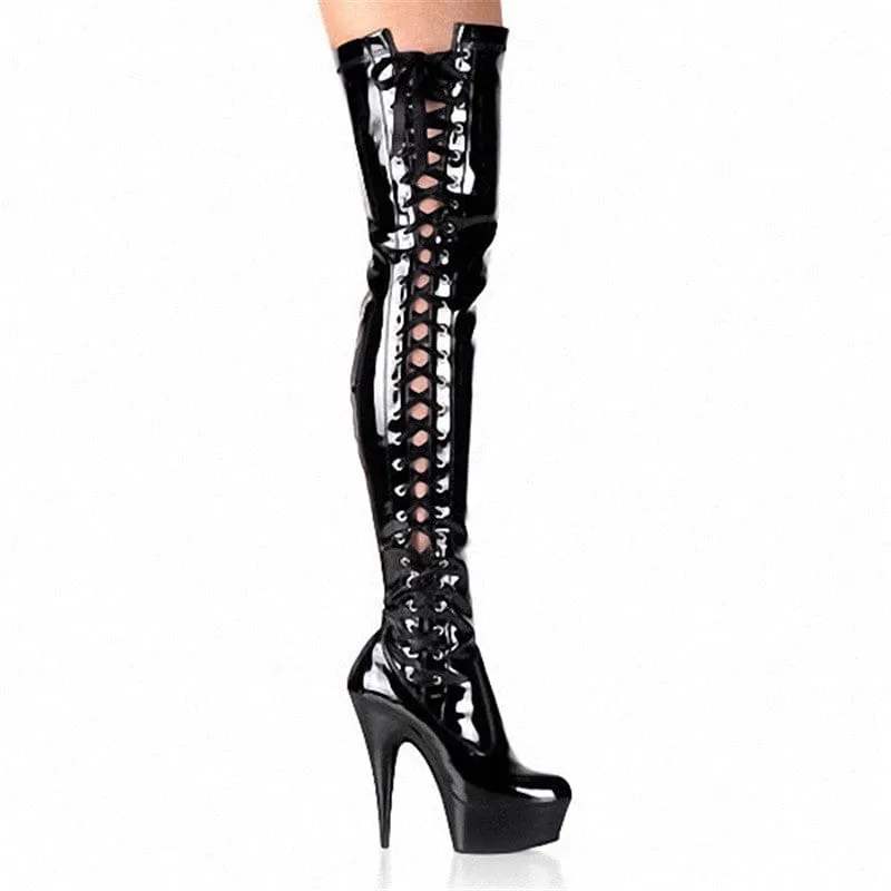 Shiny Black Thigh High Patent Ladies Boots with Lace-up Fronts