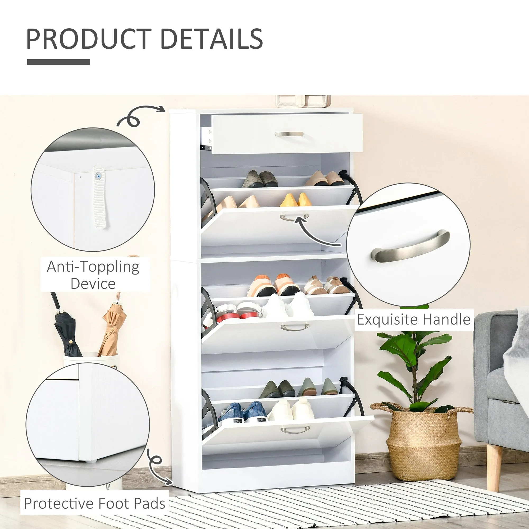 Shoe Cabinet with 4 Drawers Storage Cupboard with Flip Doors Pull Down Furniture Unit with Adjustable Shelves for 18 Pairs White Organizer