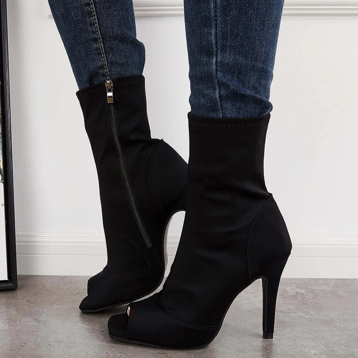 Sohiwoo Stretch Peep Toe Stilettos Ankle Boots High Heel Sock Booties