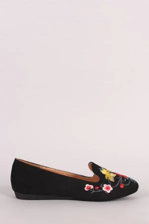 Suede Embroidered Floral Round Toe Loafer Flat