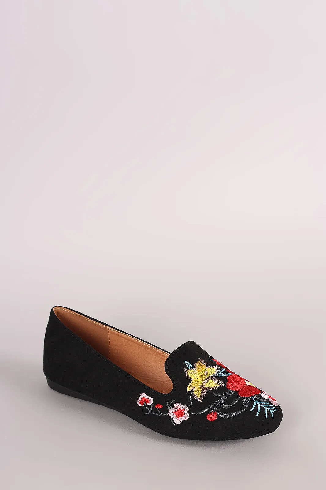 Suede Embroidered Floral Round Toe Loafer Flat