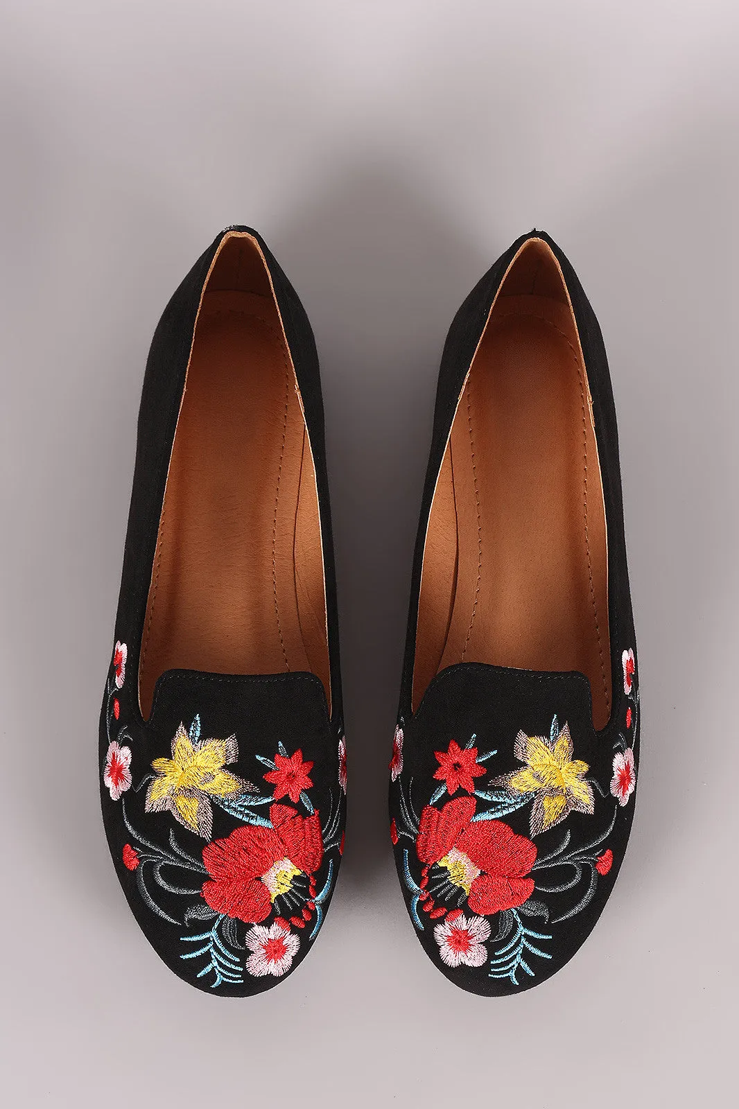 Suede Embroidered Floral Round Toe Loafer Flat