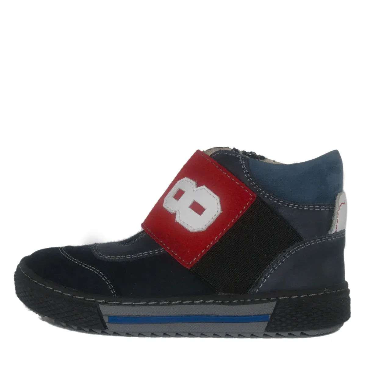 Szamos Kid Boy High-Top Shoes Dark Blue With Wide Red Stretchy Strap And Side Zipper - Made In Europe