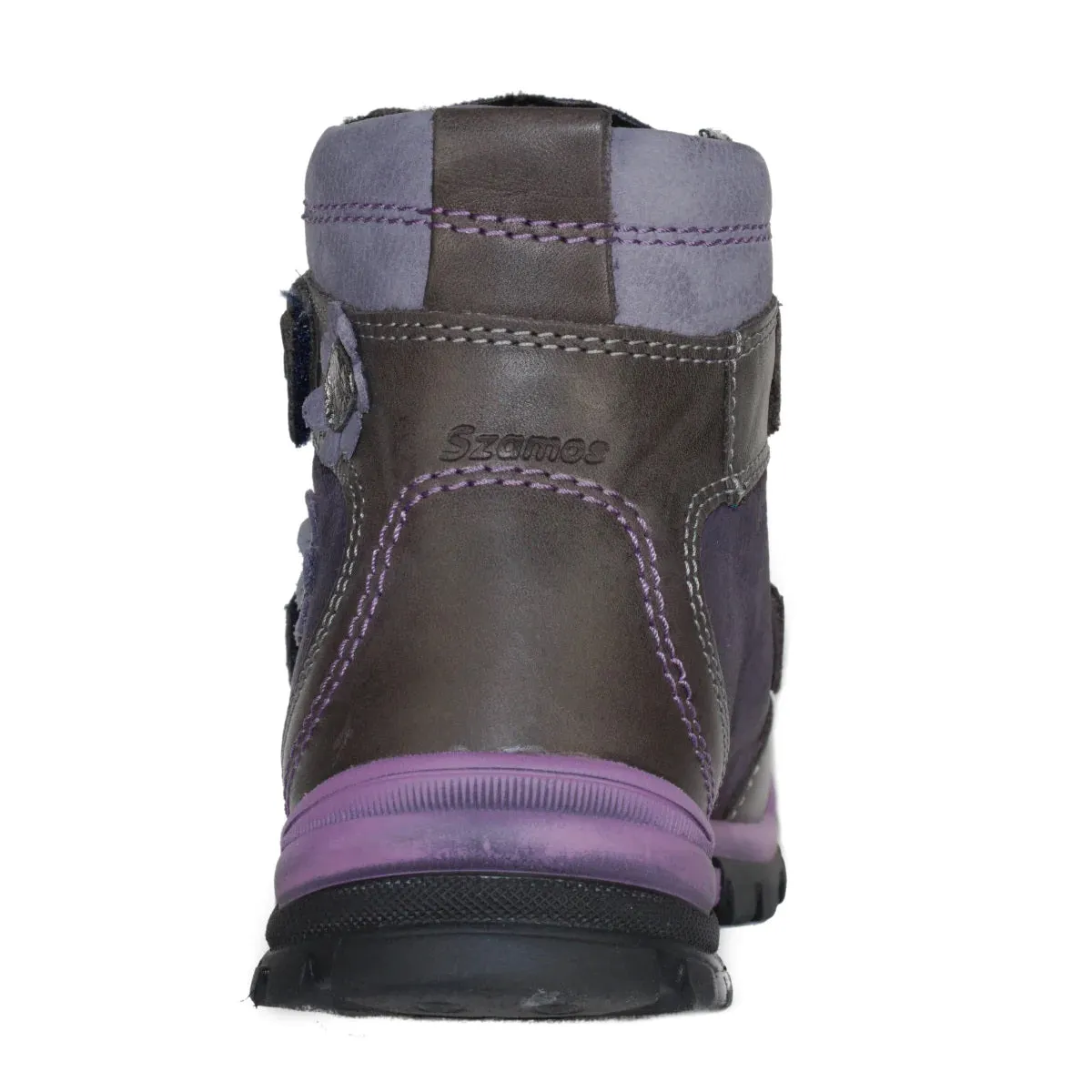 Szamos Kid Girl Boots Purple With Grey Velcro Straps And Purple Flowers - Made In Europe