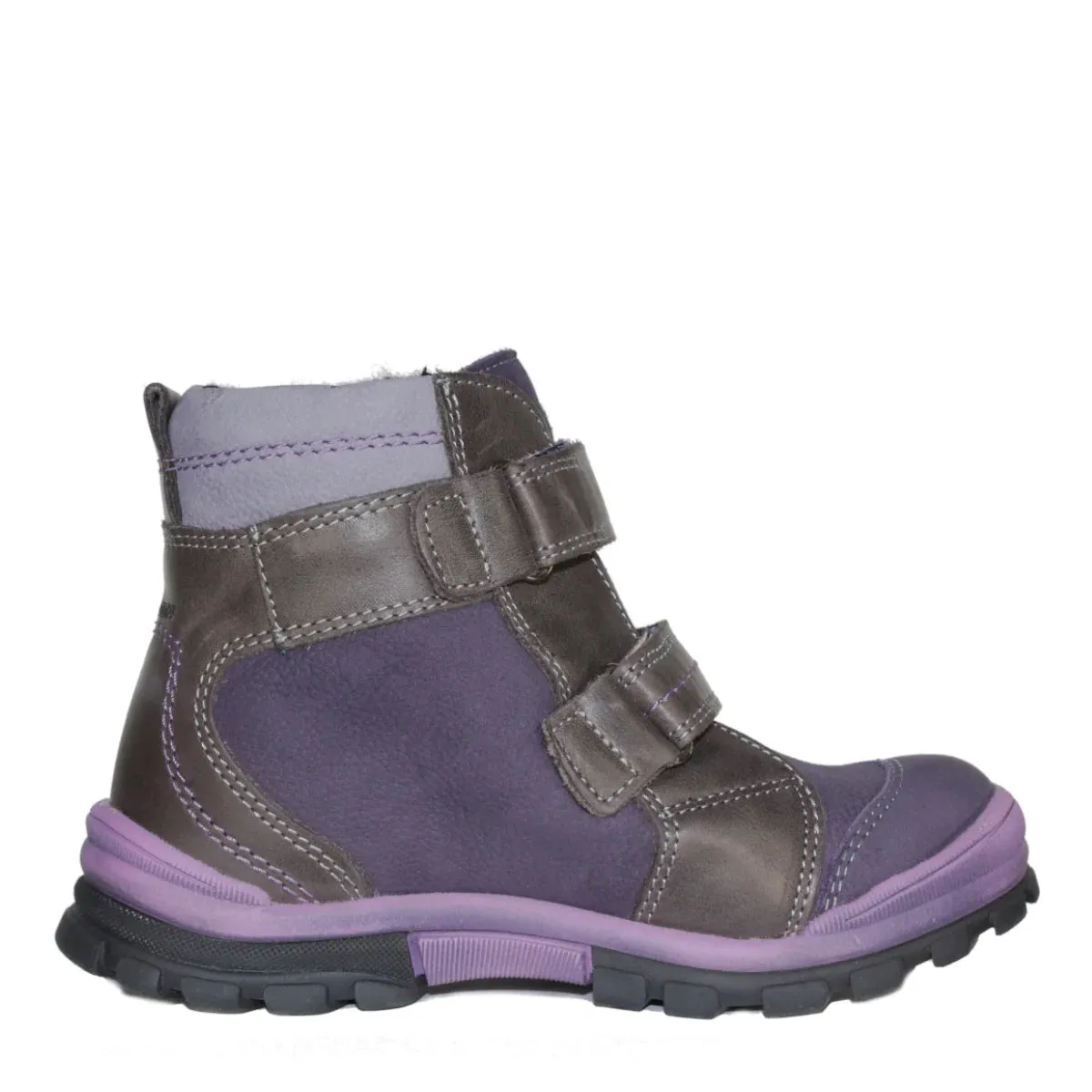 Szamos Kid Girl Boots Purple With Grey Velcro Straps And Purple Flowers - Made In Europe