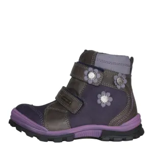 Szamos Kid Girl Boots Purple With Grey Velcro Straps And Purple Flowers - Made In Europe