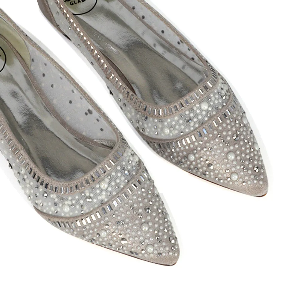 Vivian Pointed Toe Sparkly Diamante Wedding Bridal Pump Flats in Black Satin