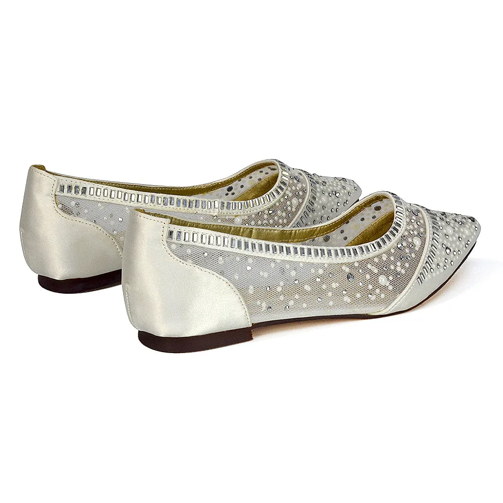 Vivian Pointed Toe Sparkly Diamante Wedding Bridal Pump Flats in Silver Satin