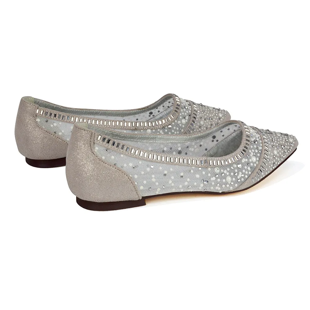 Vivian Pointed Toe Sparkly Diamante Wedding Bridal Pump Flats in Silver Satin