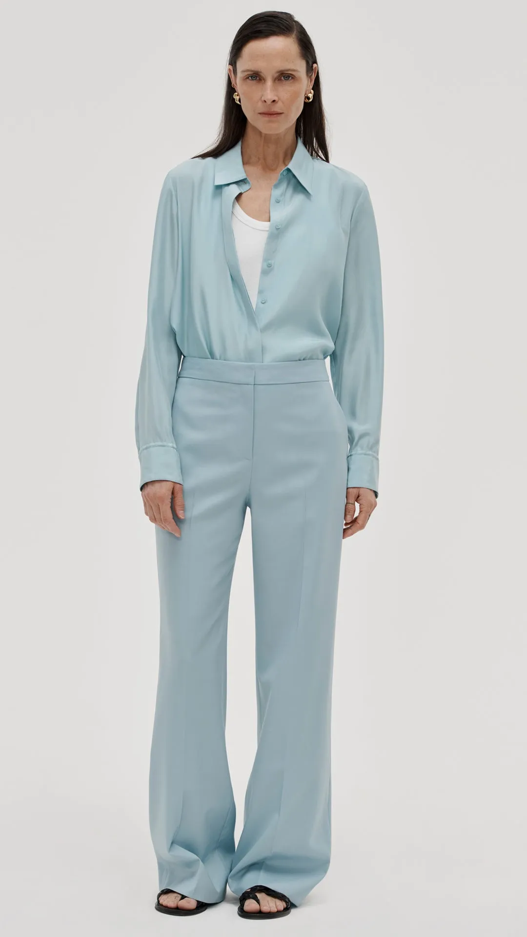 Wide Leg Trouser in Seasonless Wool | Seafoam Blue