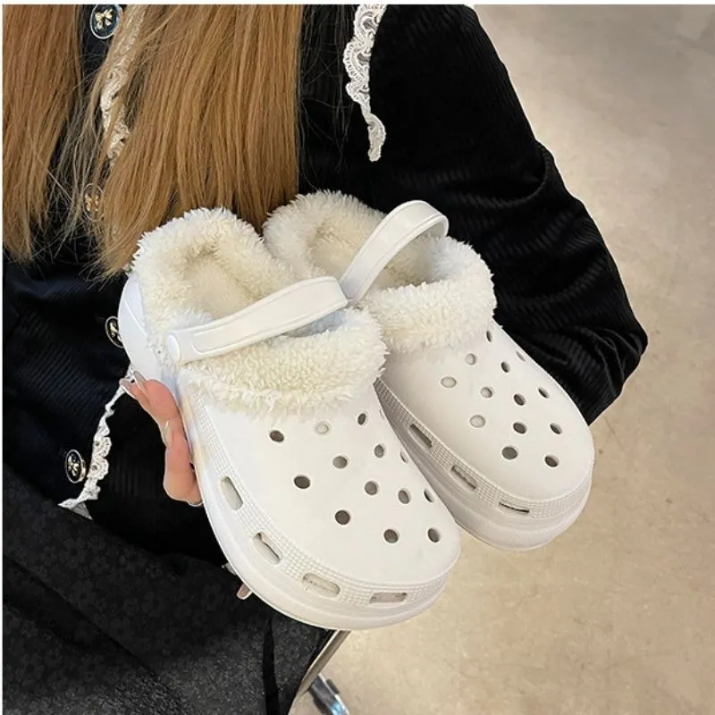 Women 2-in-1 Premium Ergonomic Design Anti-slip Slippers Removable Fur Soft Thick Bottom Clogs