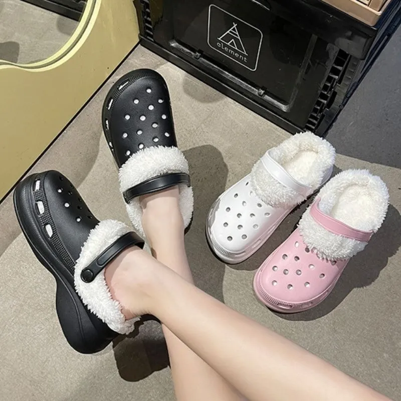 Women 2-in-1 Premium Ergonomic Design Anti-slip Slippers Removable Fur Soft Thick Bottom Clogs