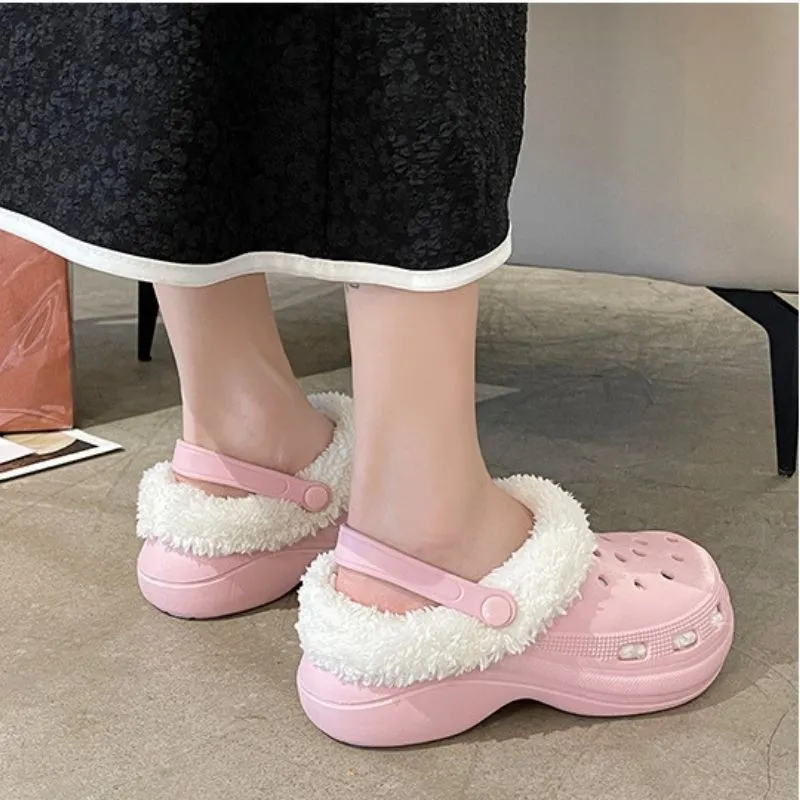 Women 2-in-1 Premium Ergonomic Design Anti-slip Slippers Removable Fur Soft Thick Bottom Clogs