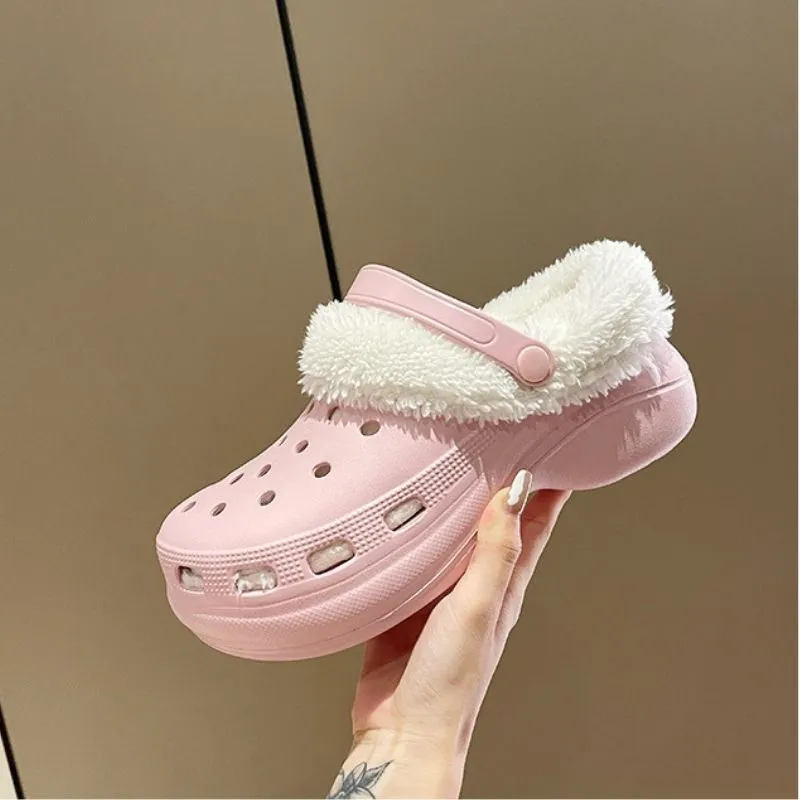 Women 2-in-1 Premium Ergonomic Design Anti-slip Slippers Removable Fur Soft Thick Bottom Clogs