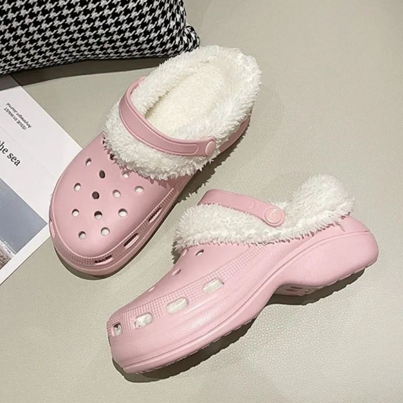 Women 2-in-1 Premium Ergonomic Design Anti-slip Slippers Removable Fur Soft Thick Bottom Clogs