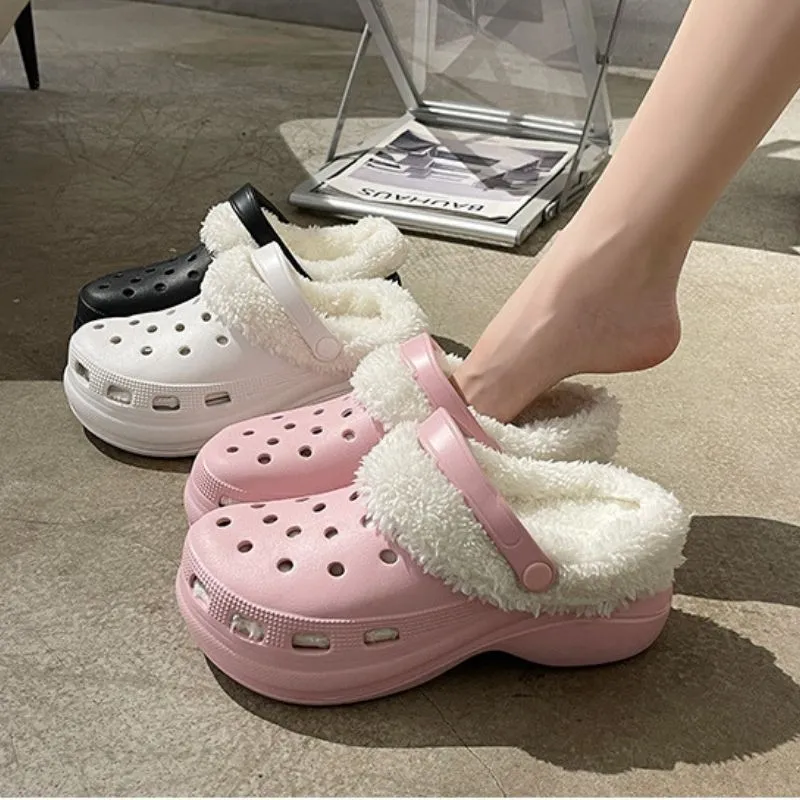 Women 2-in-1 Premium Ergonomic Design Anti-slip Slippers Removable Fur Soft Thick Bottom Clogs