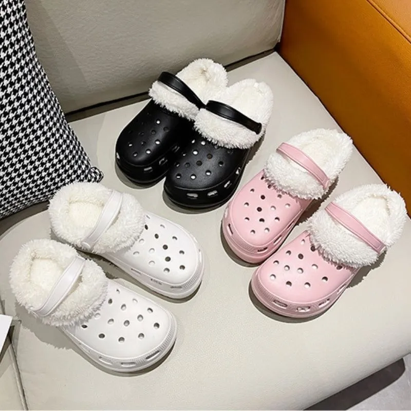 Women 2-in-1 Premium Ergonomic Design Anti-slip Slippers Removable Fur Soft Thick Bottom Clogs