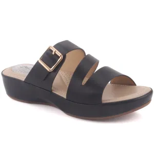 Women "DAHLIA" Open Toe Wedge Tri-Strap Buckled Comfort Slippers