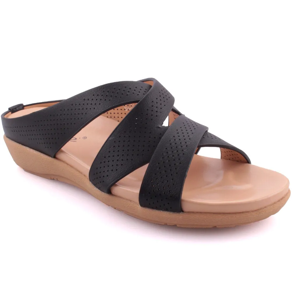 Women “REESE” Open Toe Cross Strap Perforated Slippers