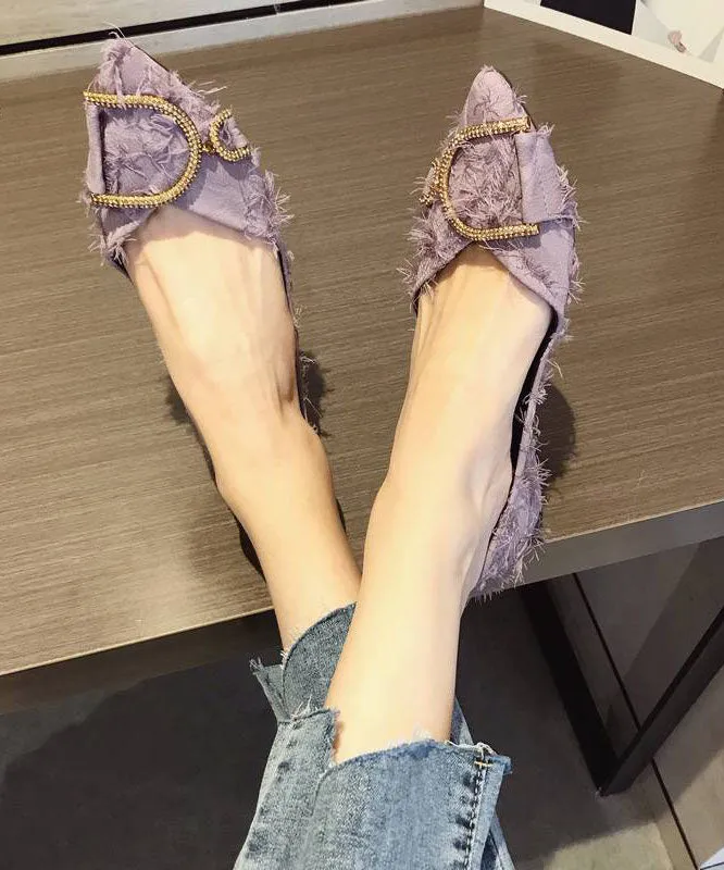 Women Zircon Splicing Pointed Toe Flat Shoes Purple Cotton Fabric