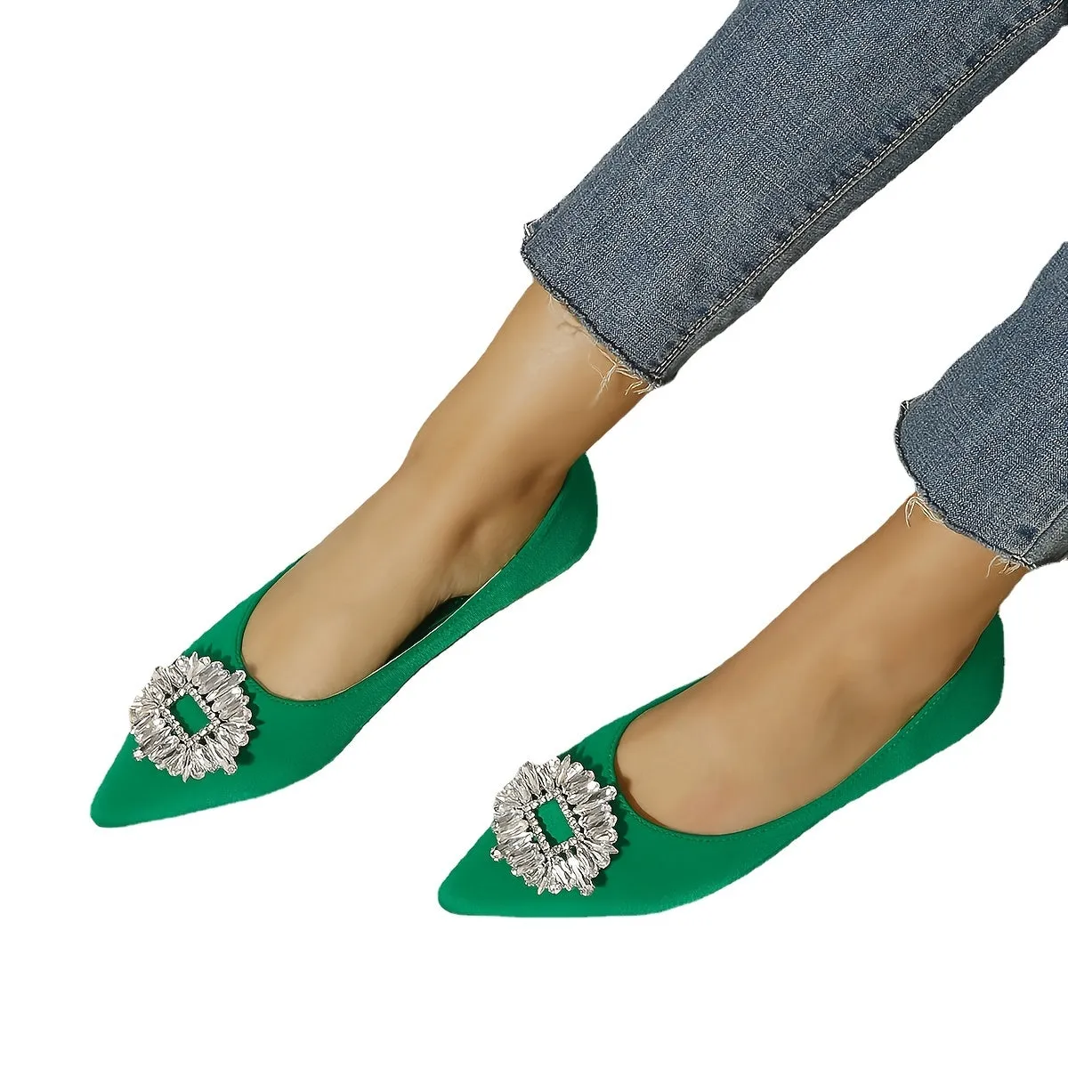 Women's Rhinestone Ballet Flats Fashion Solid Color Pointed Toe Slip Soft Sole Walking Shoes