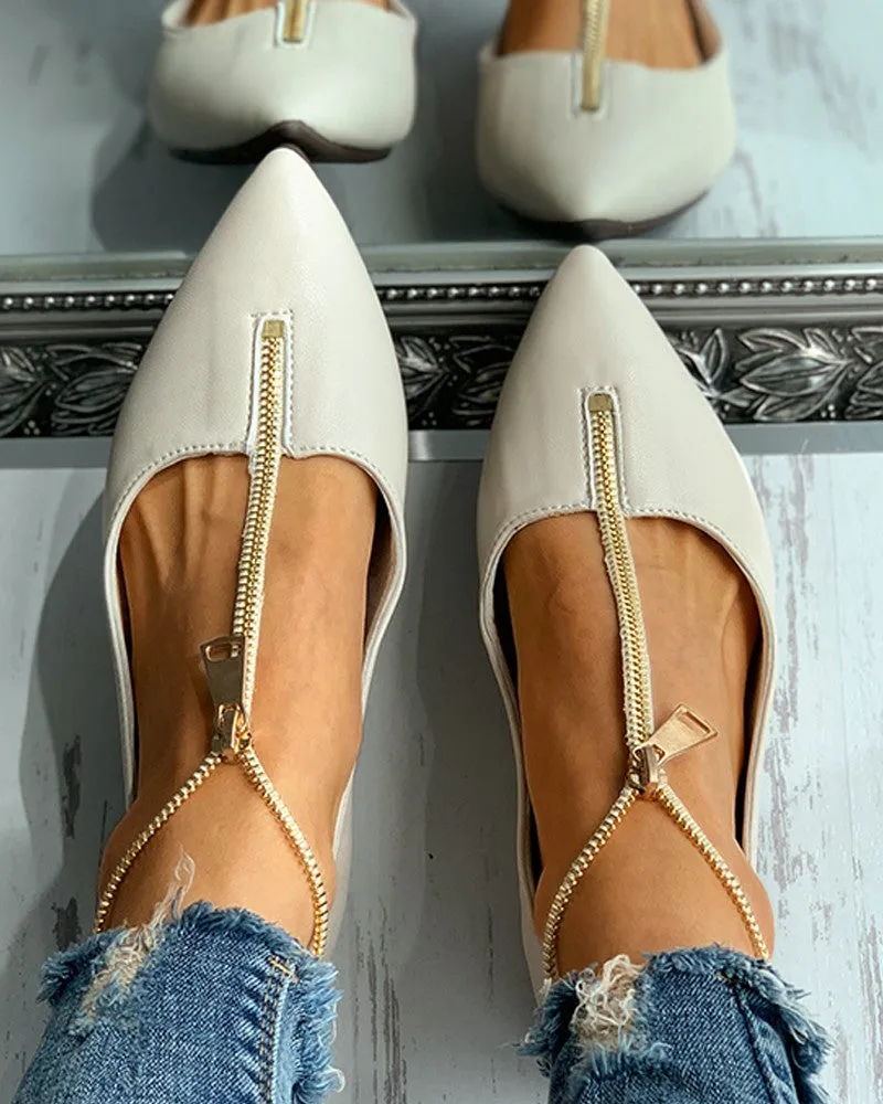 Zipper Design Pointed Toe Casual Shoes